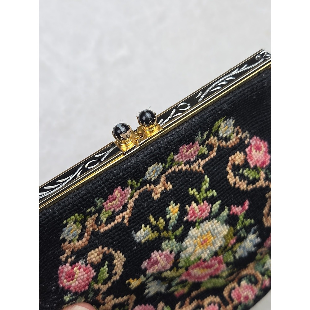 Vintage Handmade Needlepoint Petit Point Floral Hand Bag Purse Black Chain Strap - Picture 10 of 16